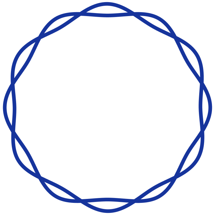A blue geometric circular pattern with curved, interwoven lines forming a decorative, symmetrical border on a light gray background. The center of the circle is empty.