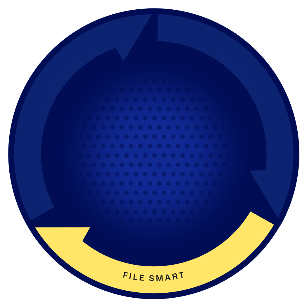 A dark blue circular graphic with a dotted center and three arrows forming a cycle. The bottom arrow is yellow and labeled FILE SMART. The rest of the arrows blend with the blue background.