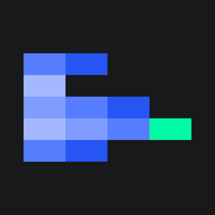 A pixelated design of six blue squares forming an L shape with a single bright green square extending to the right, all on a dark gray background.