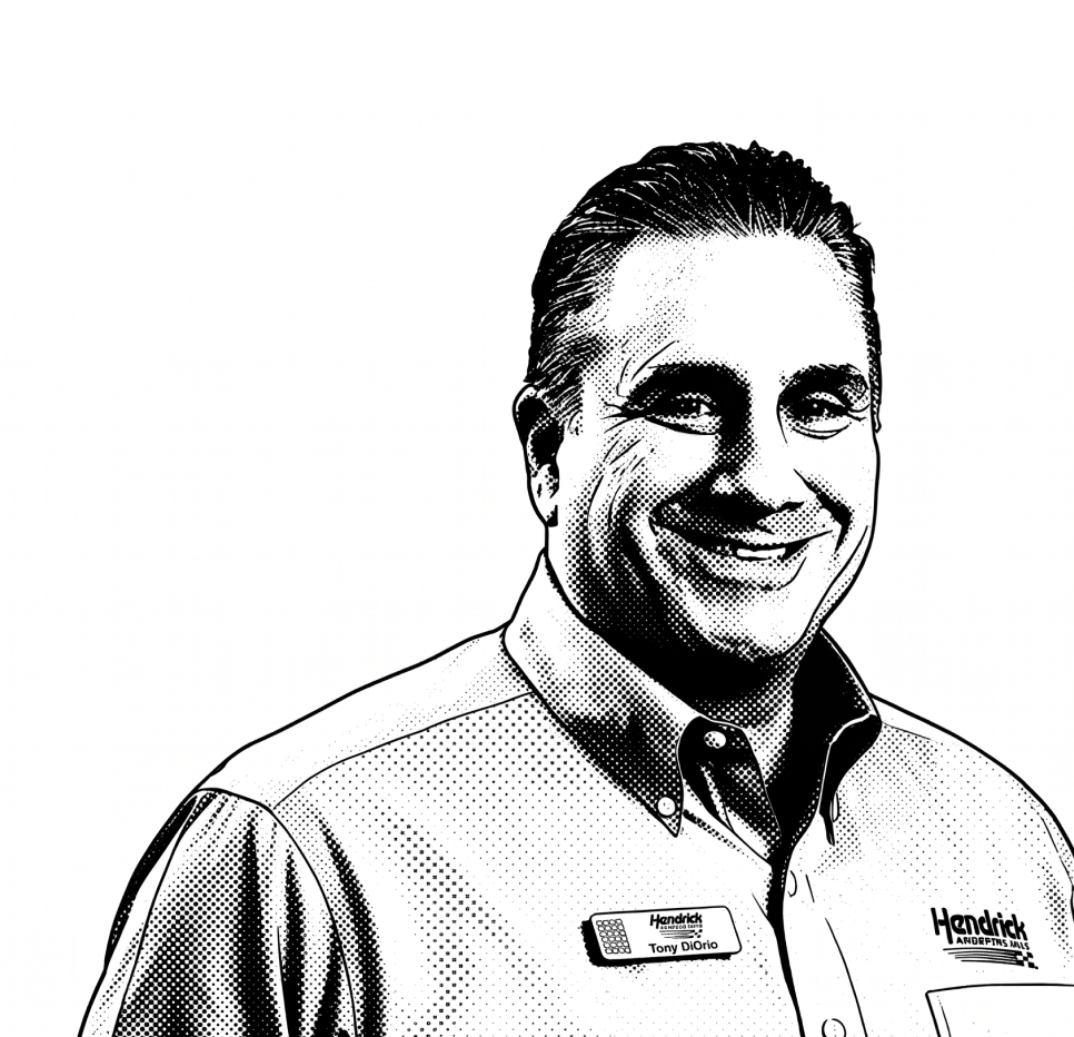 Black and white illustrated portrait of a smiling man wearing a button-up shirt with Hendrick logos and a name tag that reads Hendrick Tony DiDio.