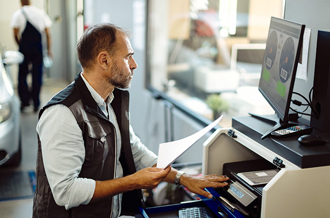 automotive technician or service manager at the computer|automotive technician or service manager
